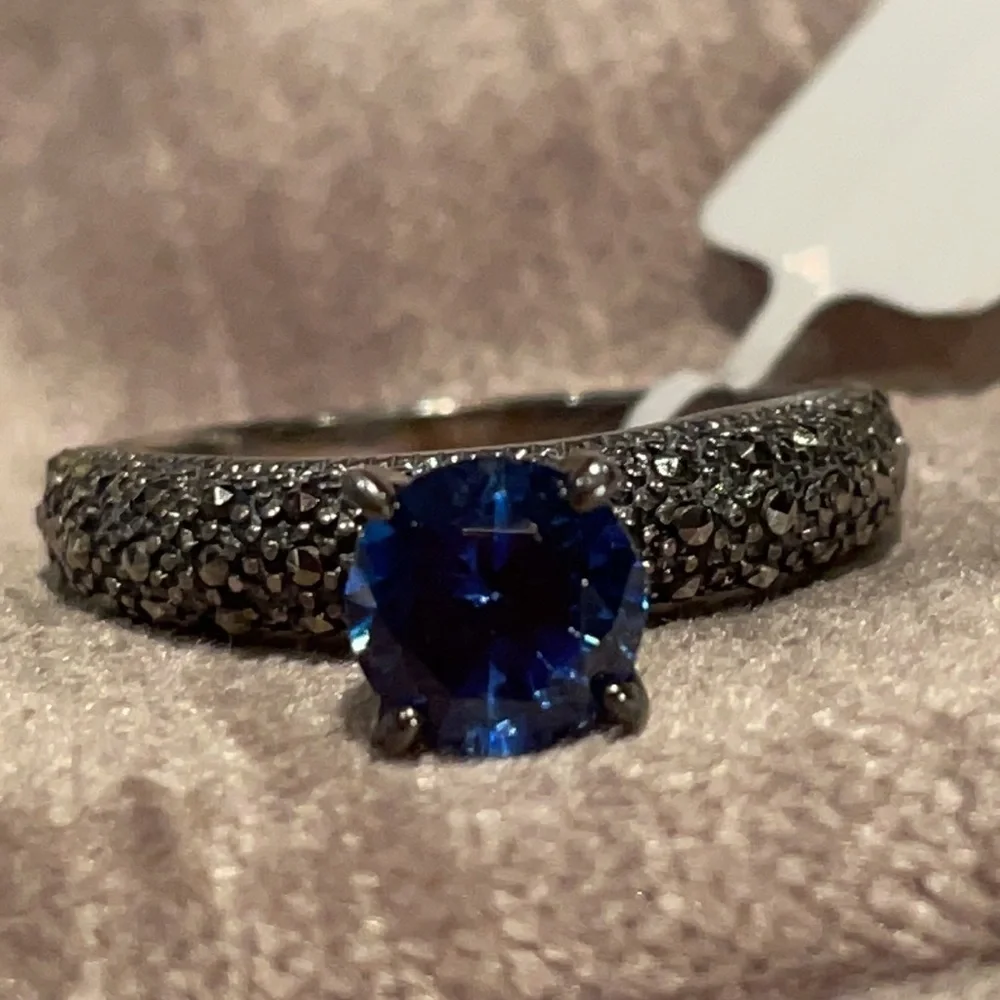 925 Sterling Blue Diamond Cz Marcasite Ring NWTS